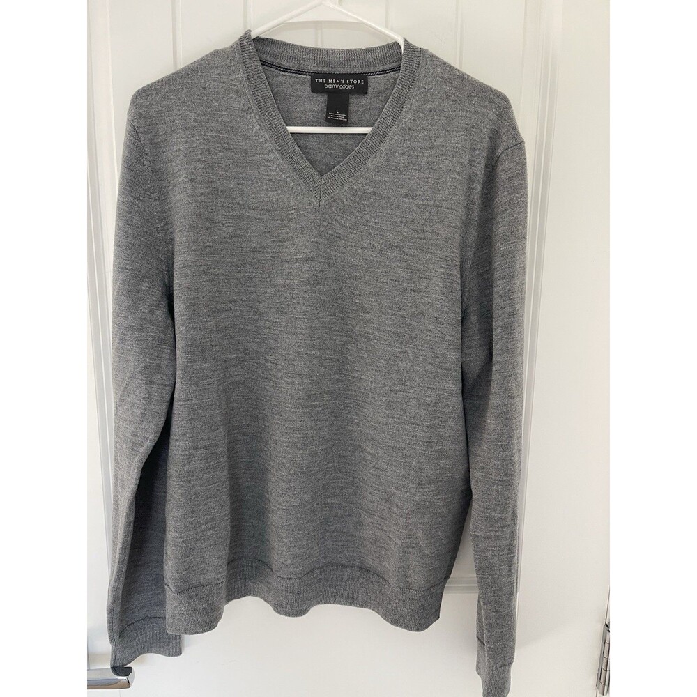 Men's Bloomingdale's 100% Merino Wool V-neck Sweater Gray Pullover Size Large